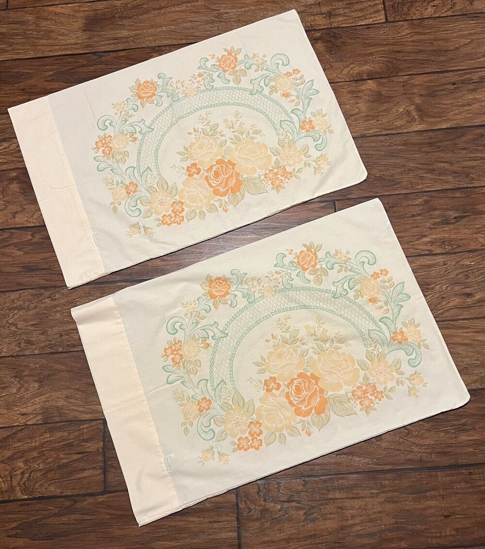Vtg Floral Standard Pillowcases 60s Orange Green Cream No-iron Percale PAIR 2